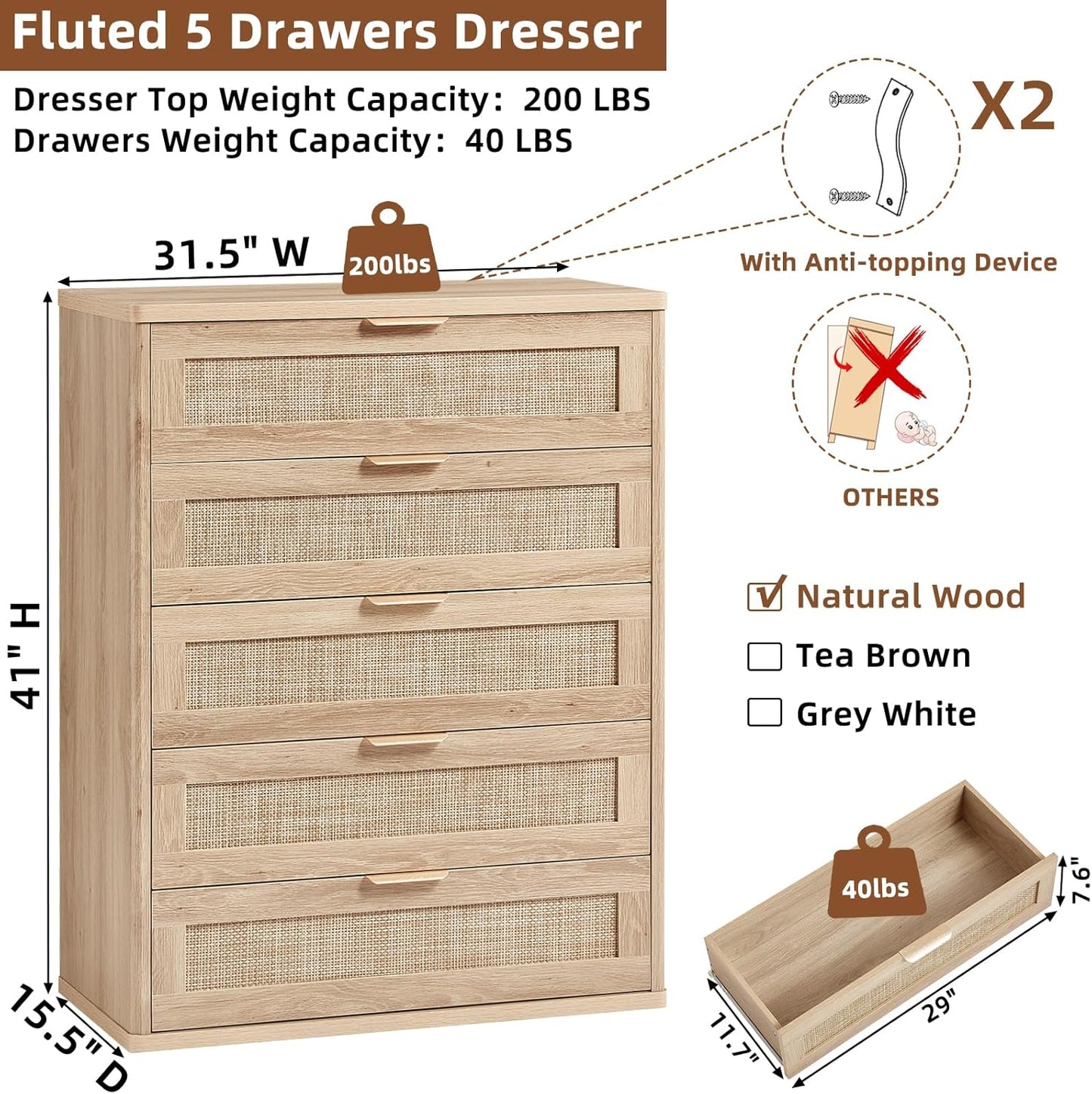 LEYAOYAO Rattan Dresser for Bedroom Set 2, 41" Tall Chest of Drawers, Modern 5 Drawers Boho Dressers with Storage, Light Oak Dresser Wooden Closet Organizer for Living Room, Hallway, Natural Wood