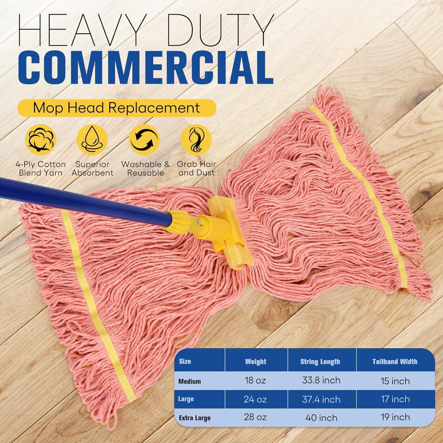 Matthew Cleaning Commercial Mop Head Replacement, 5 Inch Wide Headband, Looped End Cotton Blend String Wet Mops for Floor Cleaning, 24 oz Large, 6-Pack Orange