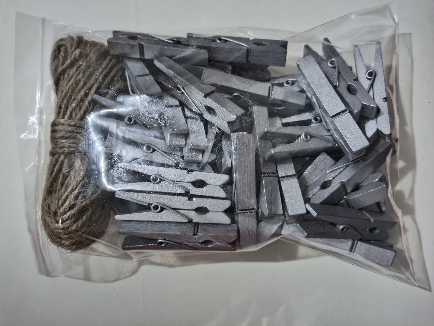 1.8 Inch Silver Wooden Clothespins Hold Picture Photo Clothesline Pins Hanging Christmas Cards with Jute Twine Pack 50