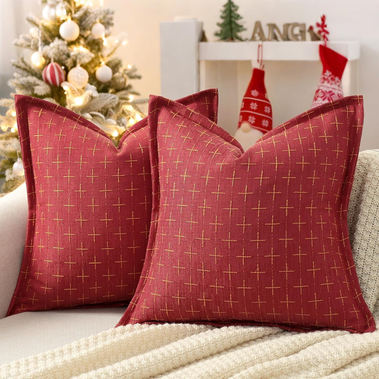 ZWJD Christmas Pillow Covers 24x24 Set of 2 Soft Polyester Textured Red Pillows with Stylish Flange Edge Cozy Farmhouse Christmas Decor for Couch Bed Sofa Living Room (Red)
