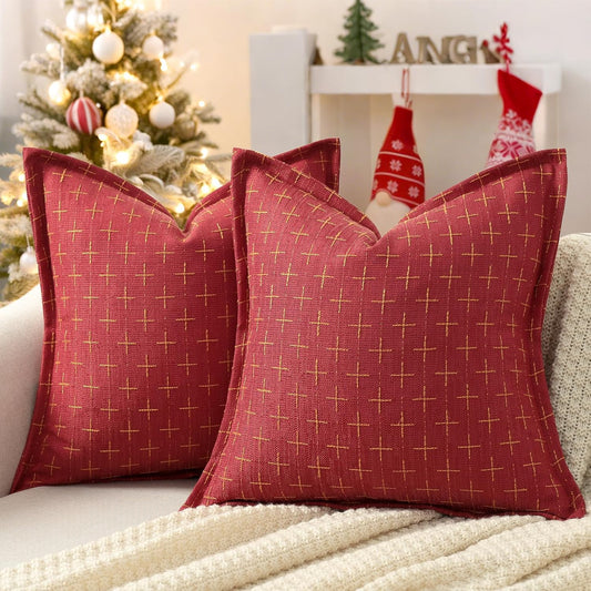 ZWJD Christmas Pillow Covers 24x24 Set of 2 Soft Polyester Textured Red Pillows with Stylish Flange Edge Cozy Farmhouse Christmas Decor for Couch Bed Sofa Living Room (Red)