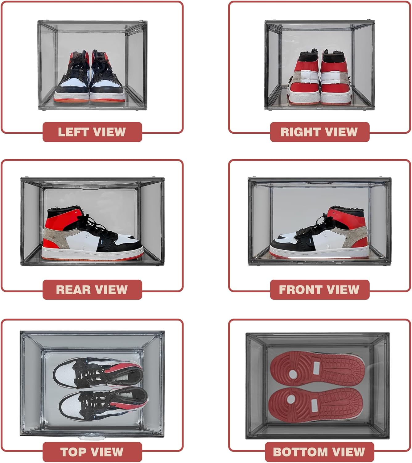 4 Pack Grey Shoe Storage Boxes Clear Plastic Stackable Shoe Display Case with Magnetic Door, Easy Assembly Fit up to US Size 13