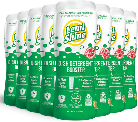 Lemi Shine Dish Detergent Booster, Hard Water Stain Remover, Multi-Use Citric Acid Cleaner 10 oz, Pack of 8