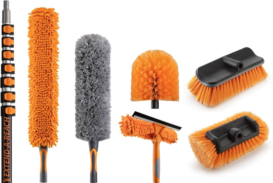 36 Foot High Reach Telescoping Duster Kit and Vinyl Siding Brushes with 5-30 ft Extension Pole // High Ceiling Cleaning and Window Washing kit // Exterior & Interior House and Gutter Cleaning Brush