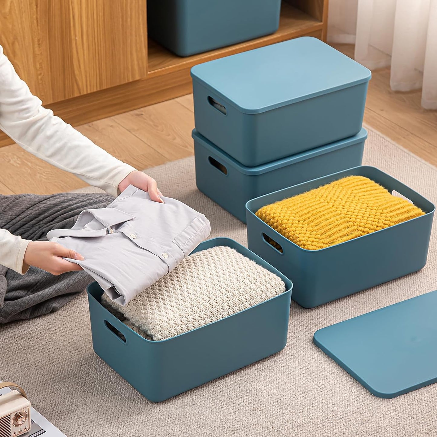Plastic Storage Bins with lids,Storage Baskets,Container with handle,Storage Organizer Bins for Shelves,Office,Bedrooms,Closets, Cabinets(Blue, 3M)
