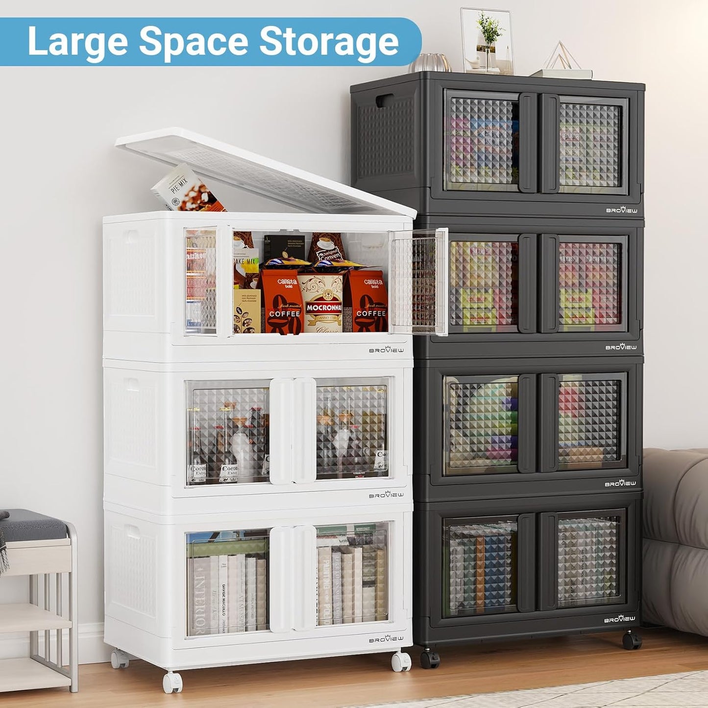 BROVIEW 500 Qt Stackable Storage Bins with Lids & Doors, 5 Pack Plastic Closet Organizer and Storage Drawers with Wheels, Large Collapsible Storage Boxes, Cabinet for Home, Office, V10, Black