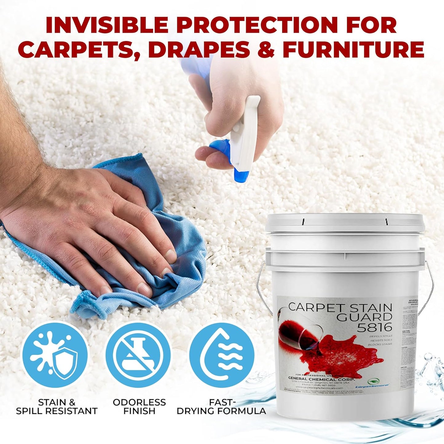 General Chemical Stain Shield Spray - Safe Fabric Protector Spritz and Stain Guard 5816 for Upholstery, Carpets, Rugs, Drapes & More - Impermeable Protectant Spray for Outdoor & Indoor Use - 5 Gallon