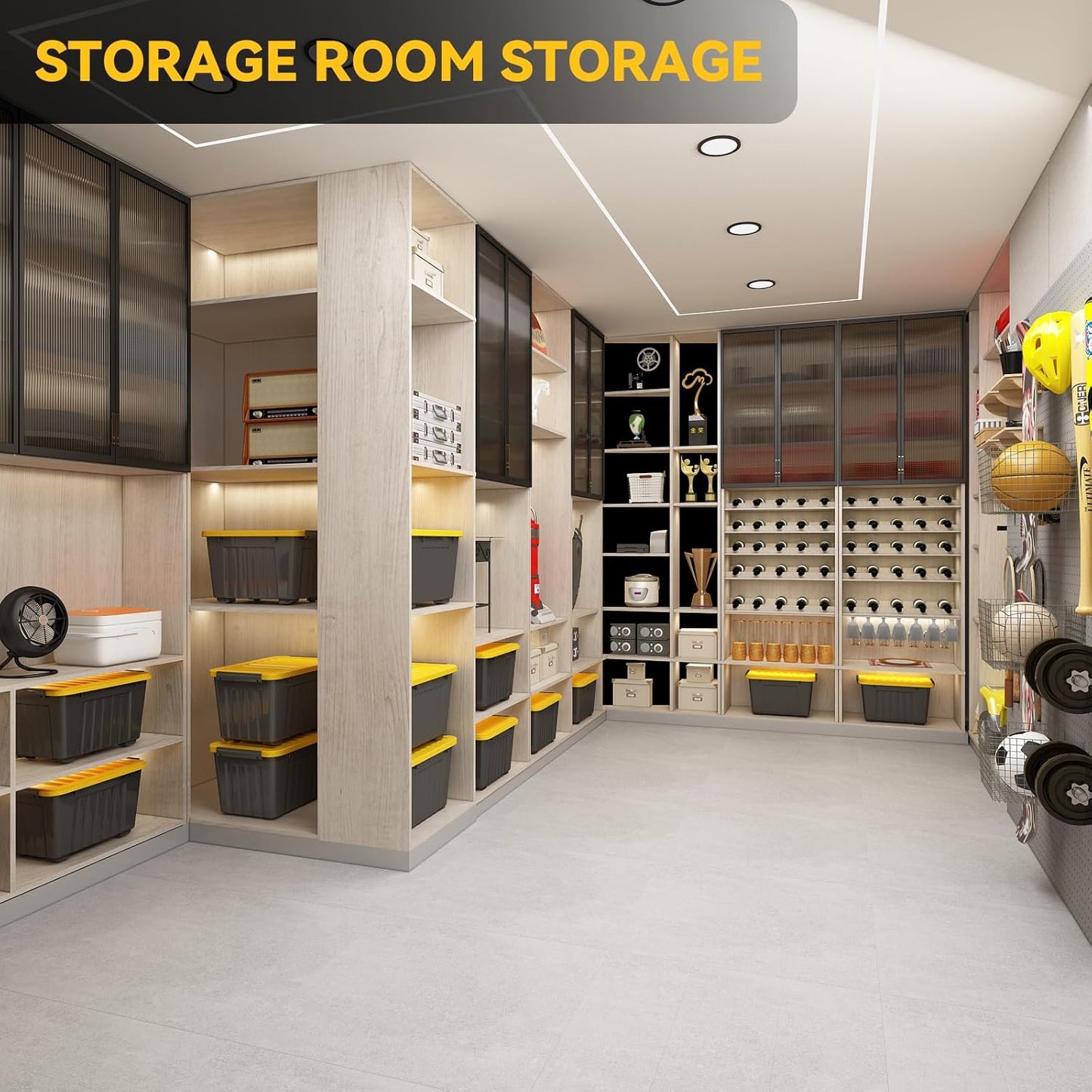 Nazhura 72Quart Plastic Storage Bin, Stackable and Nestable Storage Boxes with White Lids and Secure Latching Buckles, Large Storage Container (Black/Yellow, 72Quart-6Pack)