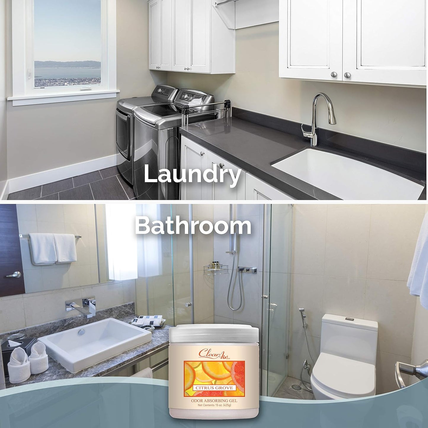 Clear Air Odor Absorber Gel - 15 oz, Pack of 2 - Air Freshener Absorbs and Eliminates Odors in Bathrooms, Cars, Boats, RVs and Pet Areas - Made with Essential Oils - Citrus Grove Scent