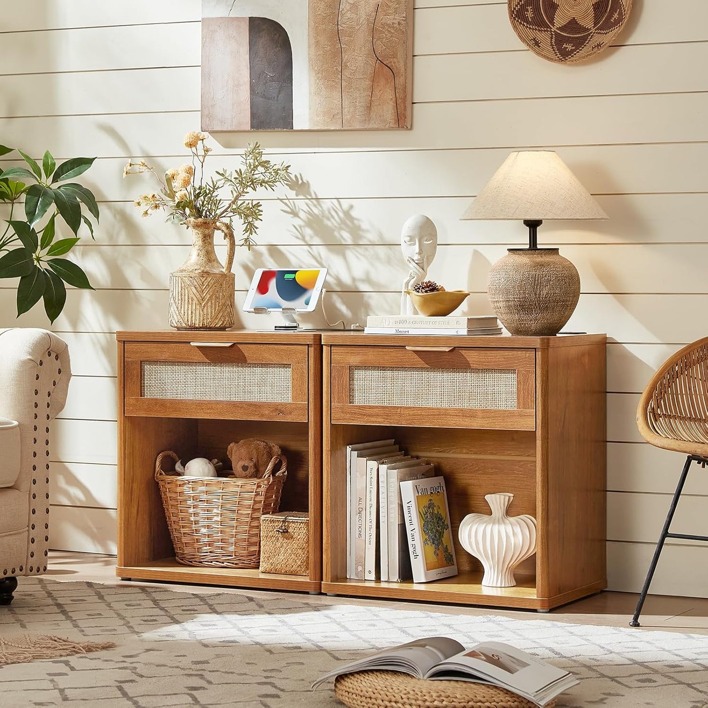 LEYAOYAO Rattan Nightstand with Charging Station, 23" Wide Boho Night Stand with Drawer, Natural Wood Bedside Table Open Storage Cabinet, Bed Side End Tables Dresser for Bedroom, Living Room, Hallway