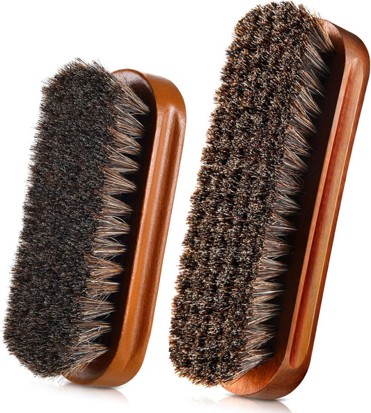 2 Pcs Horsehair Shine Shoes Brush Kit Polish Dauber Applicators Cleaning Leather Shoes Boots Care Brushes Suede Cleaner Brush(Brown Concaved Brush)