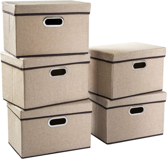 PRANDOM Collapsible Storage Containers with Lids [5-Pack] Jute Fabric Foldable Storage Bins Boxes Organizer Baskets Cube with Cover for Home Bedroom Closet Office Nursery (14.9x9.8x9.8)