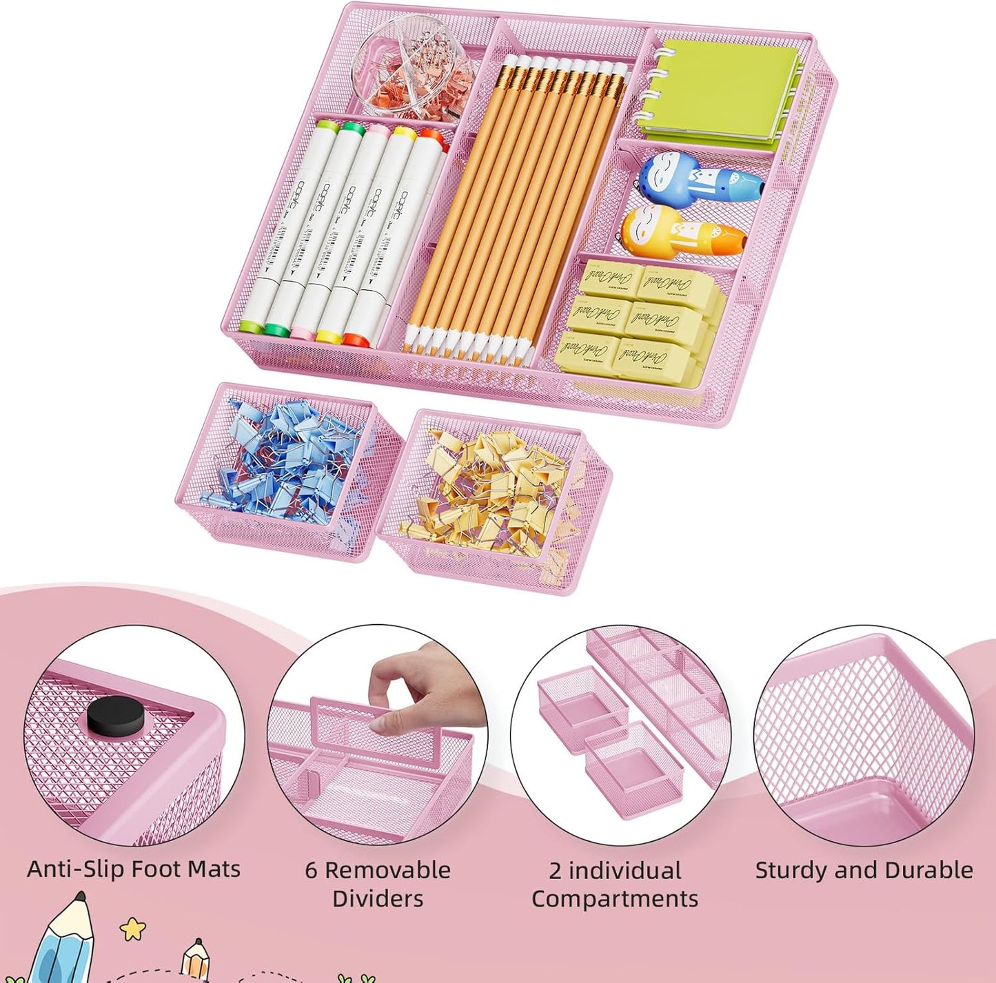 Marbrasse 3 Packs Desk Drawer Organizers, Metal Mesh Dividers with 9 Adjustable Compartments, Pen Organizer for Drawer Tray Box Accessories for Desktop,Kitchen, Makeup(Pink)