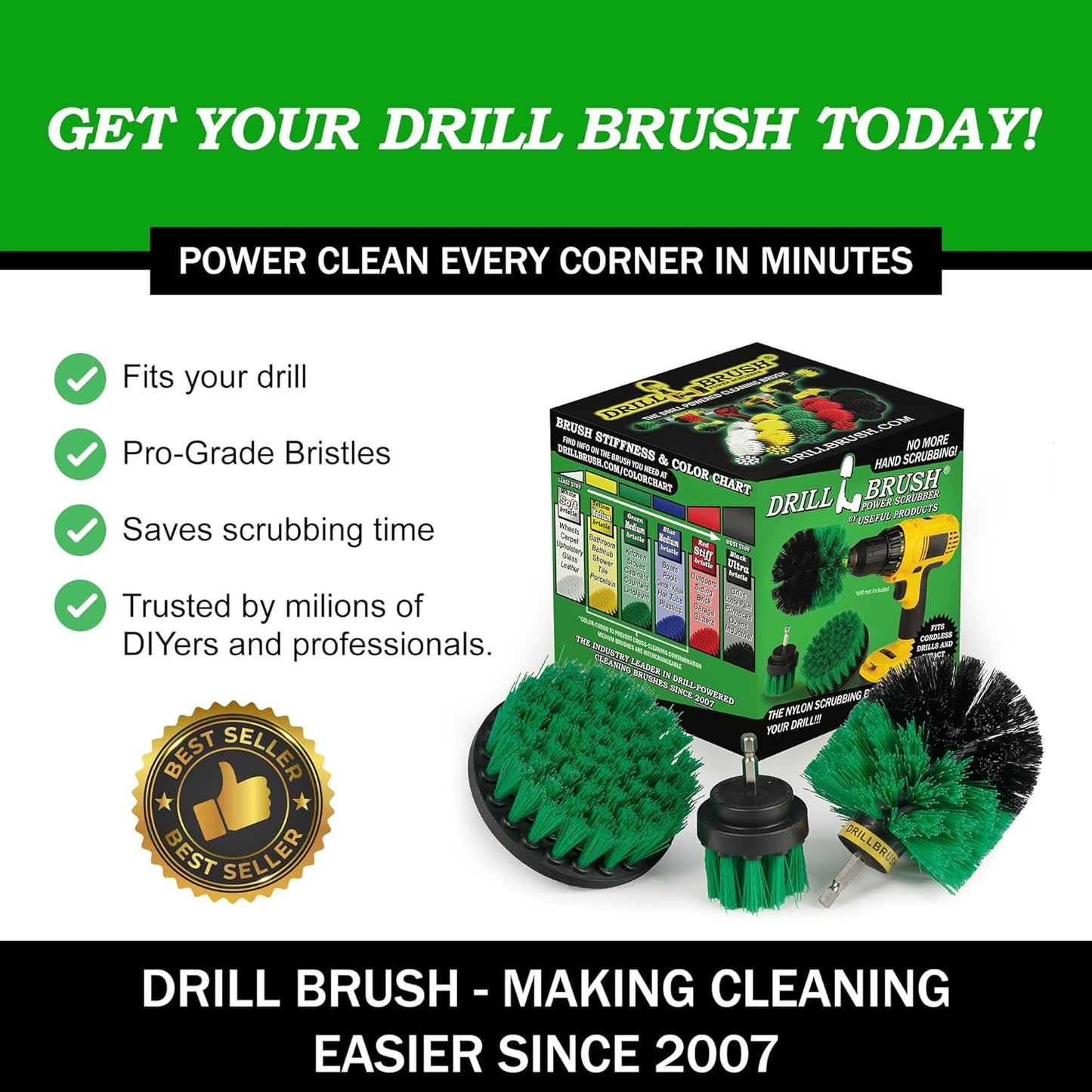Drillbrush Green Kitchen Drill Brush Set – Drill Powered Cleaning Tools for Stainless Steel Sink, Copper Sink, Stove Top, Oven, Air Fryer & Cabinets – Must-Have Kitchen Accessories for Fast Cleaning