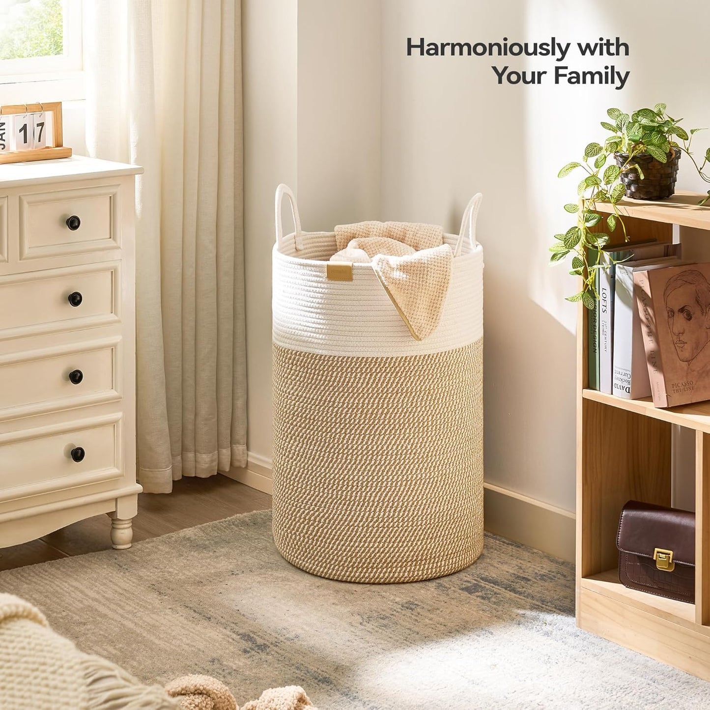 Laundry Hamper 75L,Large Laundry Basket for Clothes,Decorative Storage Basket for Blankets,Cotton Rope Woven basket for bedroom,Brown White