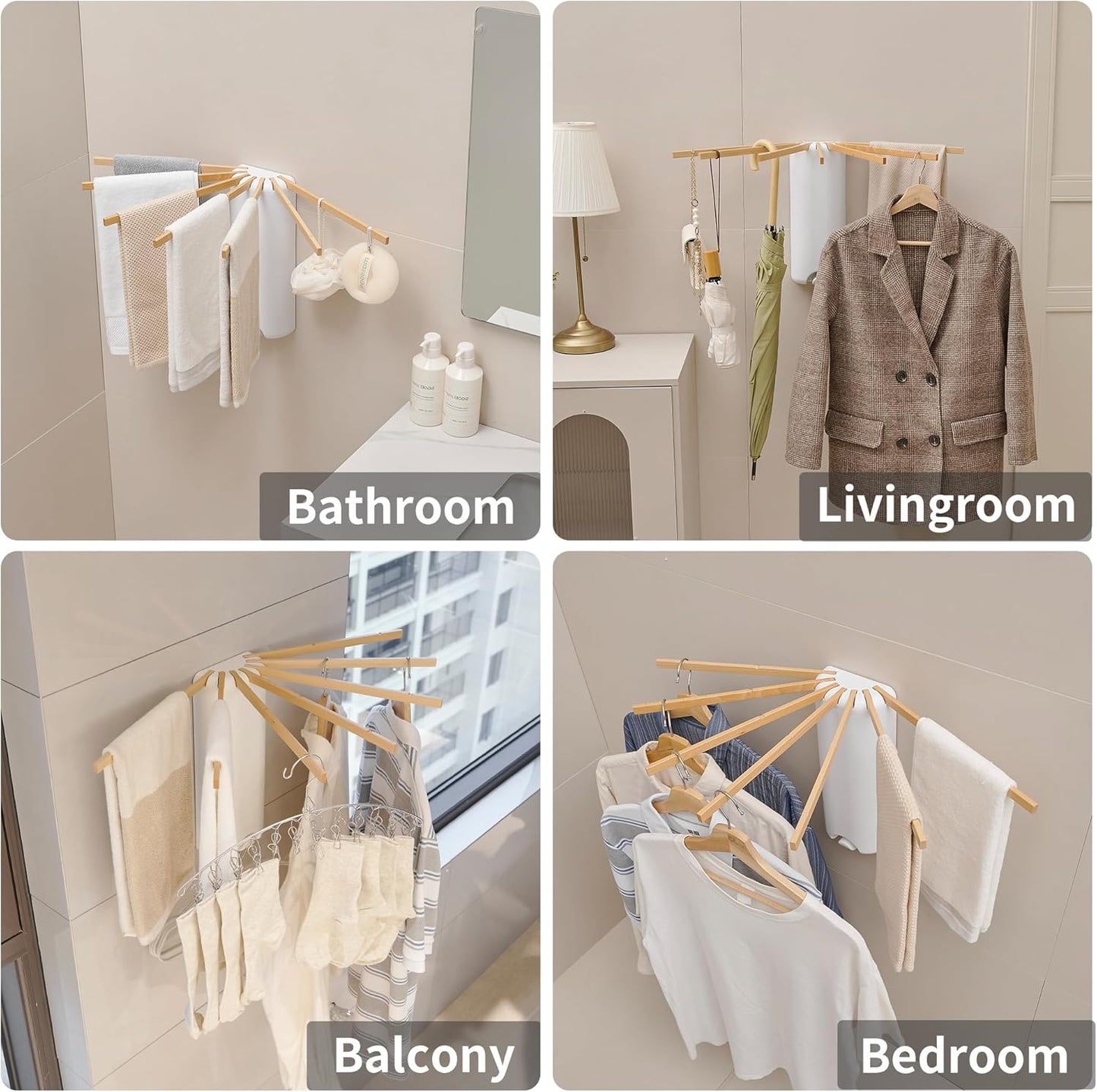 LEQ Wall Mounted Clothes Drying Rack, Garment Rack Foldable Space Saving Laundry Drying Rack with 7 Hanging Rods,Drying Rack Clothing for Laundry Balcony Bedroom Household Wooden