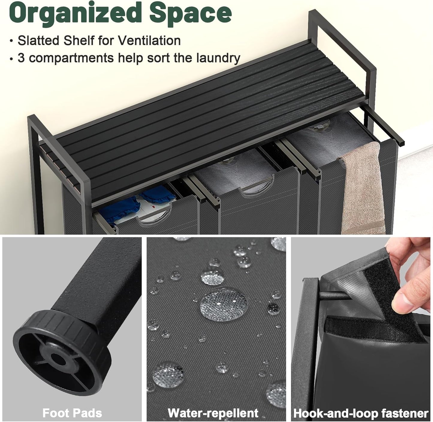 Laundry Hamper, Laundry Sorter with 3 Pull-Out Removable Oxford Fabric Bags Cloth Laundry Basket 3 x 10 Gallons (Grey and Charcoal Black)