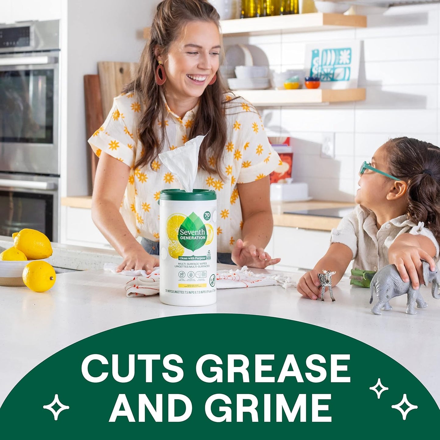 Seventh Generation Multi-Surface Cleaning Wipes, Lemon Zest Scent, Cuts Grease & Grime, 70 Wipes