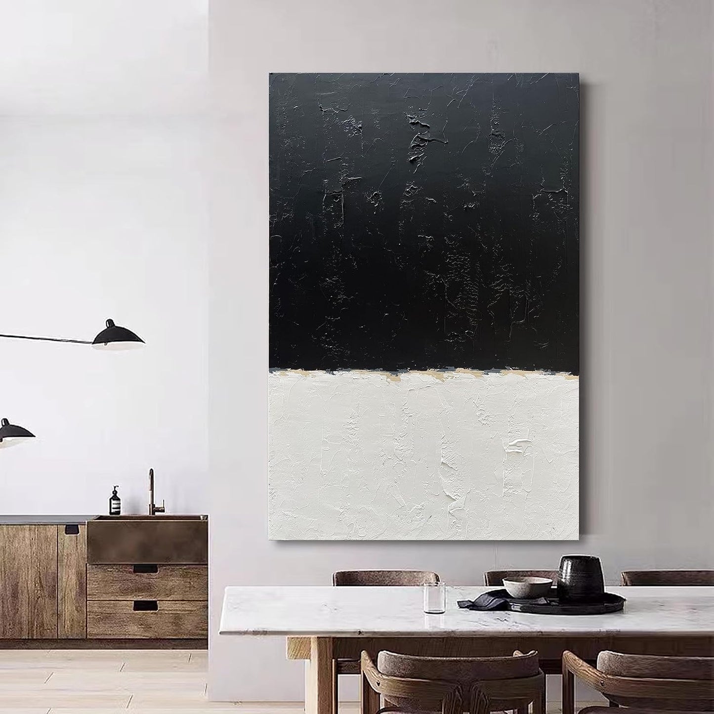 NANKAI Hand-Painted Black and White Wall Art, Minimalist Abstract Painting, Large Oil on Canvas Texture Wall Art, Office Art Contemporary Art 45x30 inches