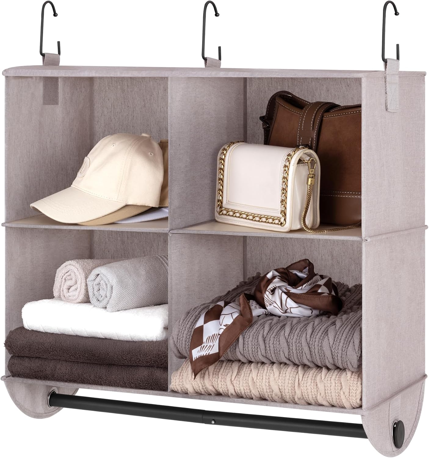 StorageWorks Hanging Closet Organizer with Metal Rod, 4-Section Closet Organizers and Storage, Collapsible Hanging Shelves for Wardrobe Organizer, Nursery, Bedroom, Light Khaki