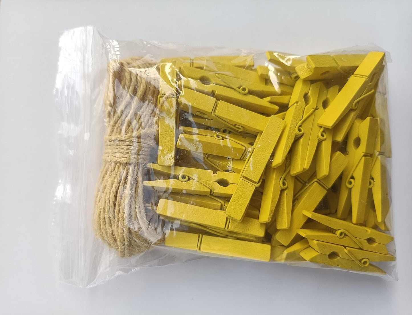 1.9" Yellow Wood Clothes Pins Easter Party Art Display Hanging Kit Place Card Holder Clothespin with Jute Rope Pack 50