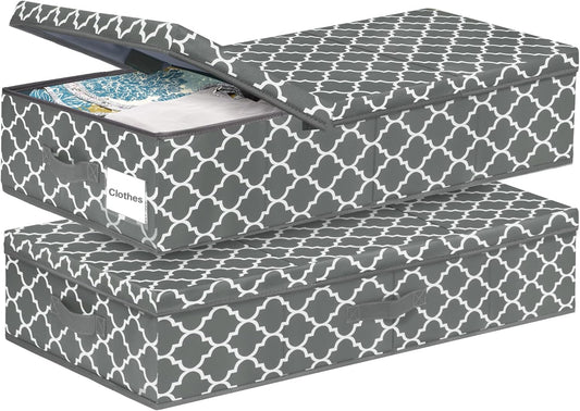 punemi Under Bed Storage Containers Bins With Lids, 6 Inches Tall Flat Underbed Clothes Storage W/Sturdy Sidewalls & Bottom, Low Profile Under Dorm Bed Storage Drawers With 3 Handles (Lantern Pattern)