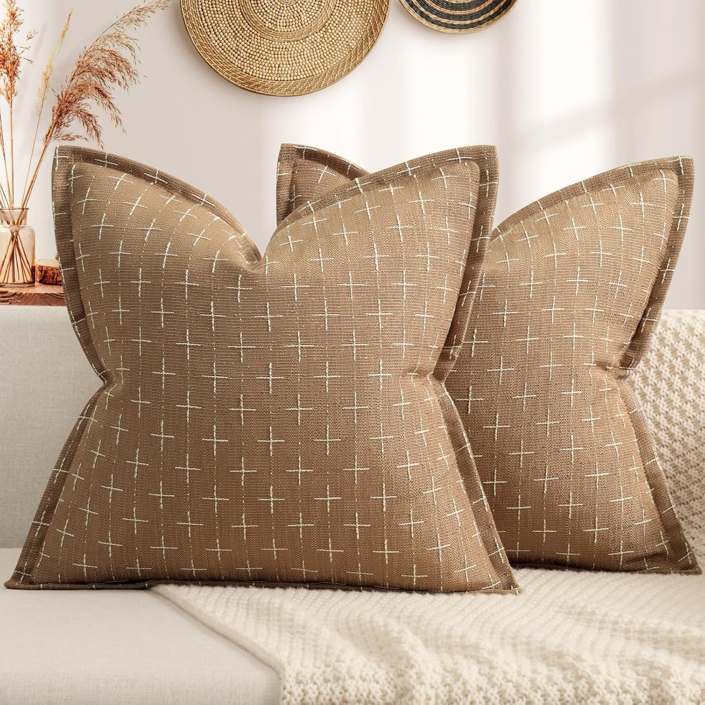 ZWJD Throw Pillow Pillow Covers 20x20 Set of 2 Soft Polyester Textured Pillow Covers with Stylish Flange Edge Cozy Farmhouse Throw Pillows for Couch Bed Sofa Living Room