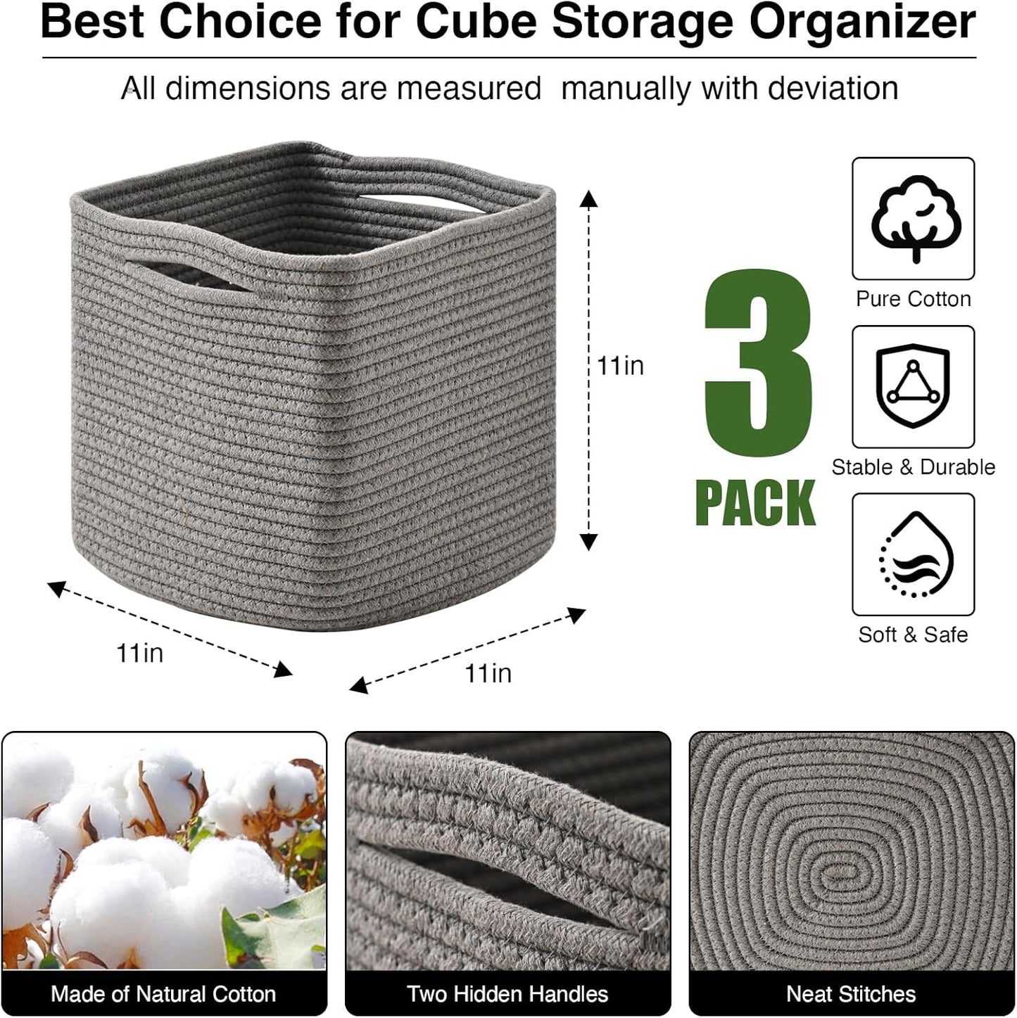 11 Inch Cube Storage Bins, Storage Cube Organizer Bins, Woven Cotton Rope Basket for Storage, Storage Baskets for Organizing Shelves, Grey Baskets for Toys Nursery, Grey (Pack of 3)