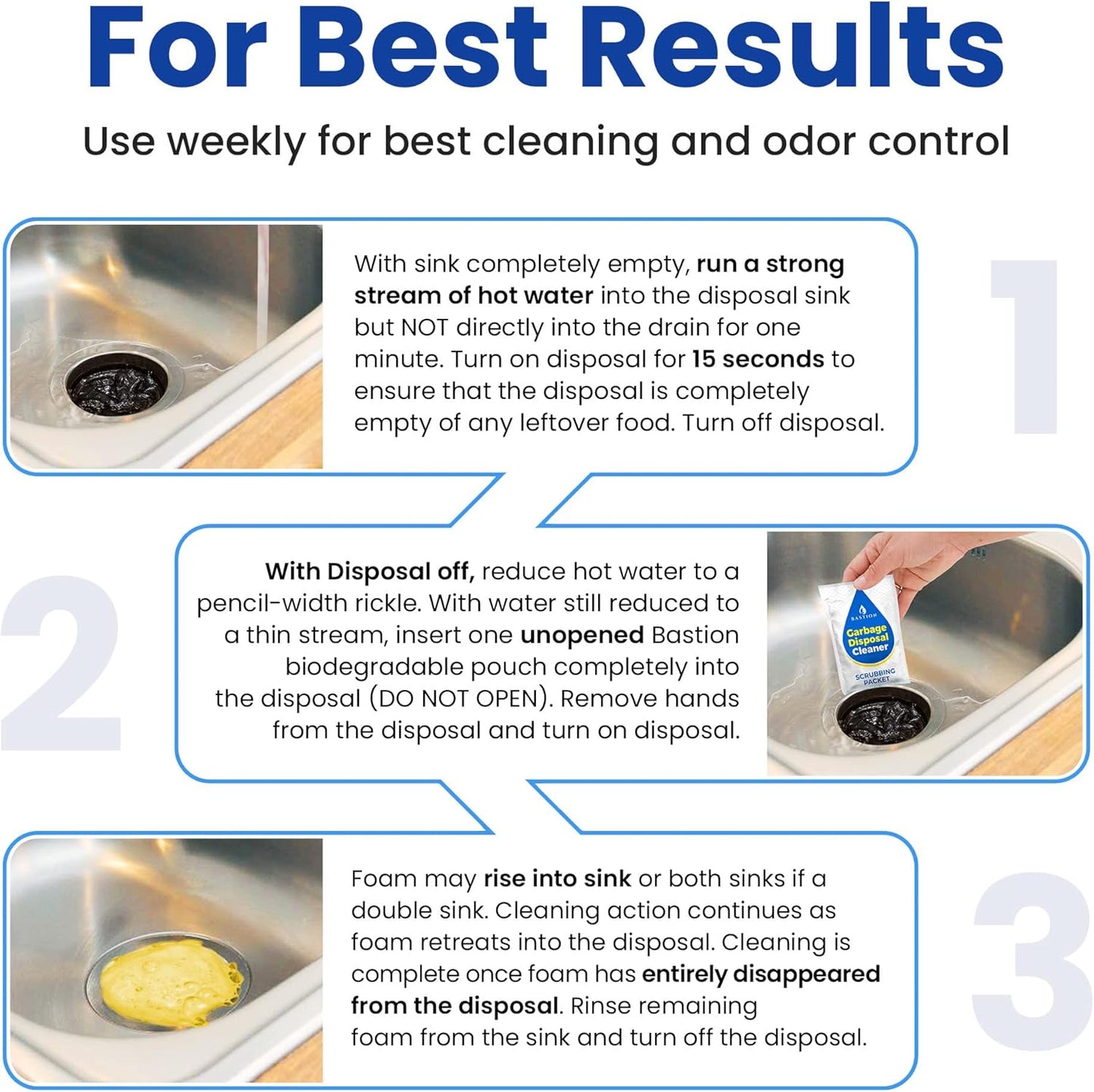 Garbage Disposal Cleaner and Deodorizer - 24-Count (1-Year Supply) Foaming Lemon Scented Kitchen Sink Freshener Pods & Drain Odor Eliminator Disposer Care by Bastion