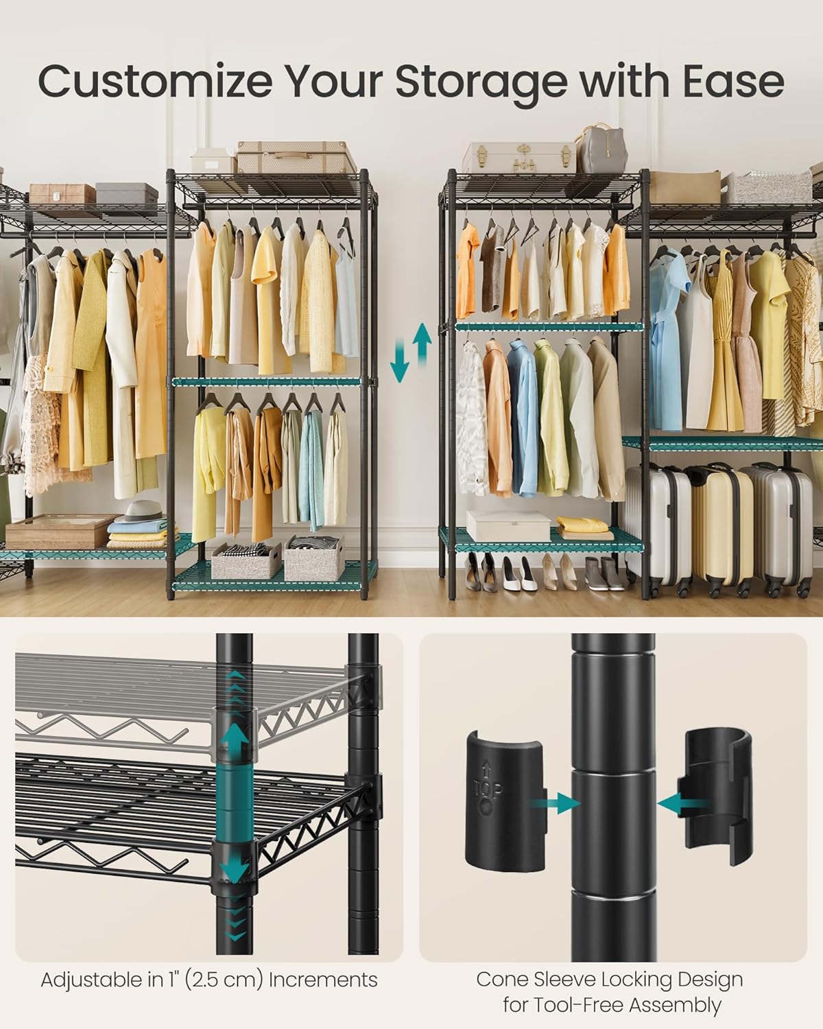 SONGMICS Heavy-Duty Clothes Rack, Garment Rack, Portable Closet, 86.4-Inch Wide Clothing Rack with Adjustable Mesh Shelves and Hanging Rails, Ink Black ULGR434B01