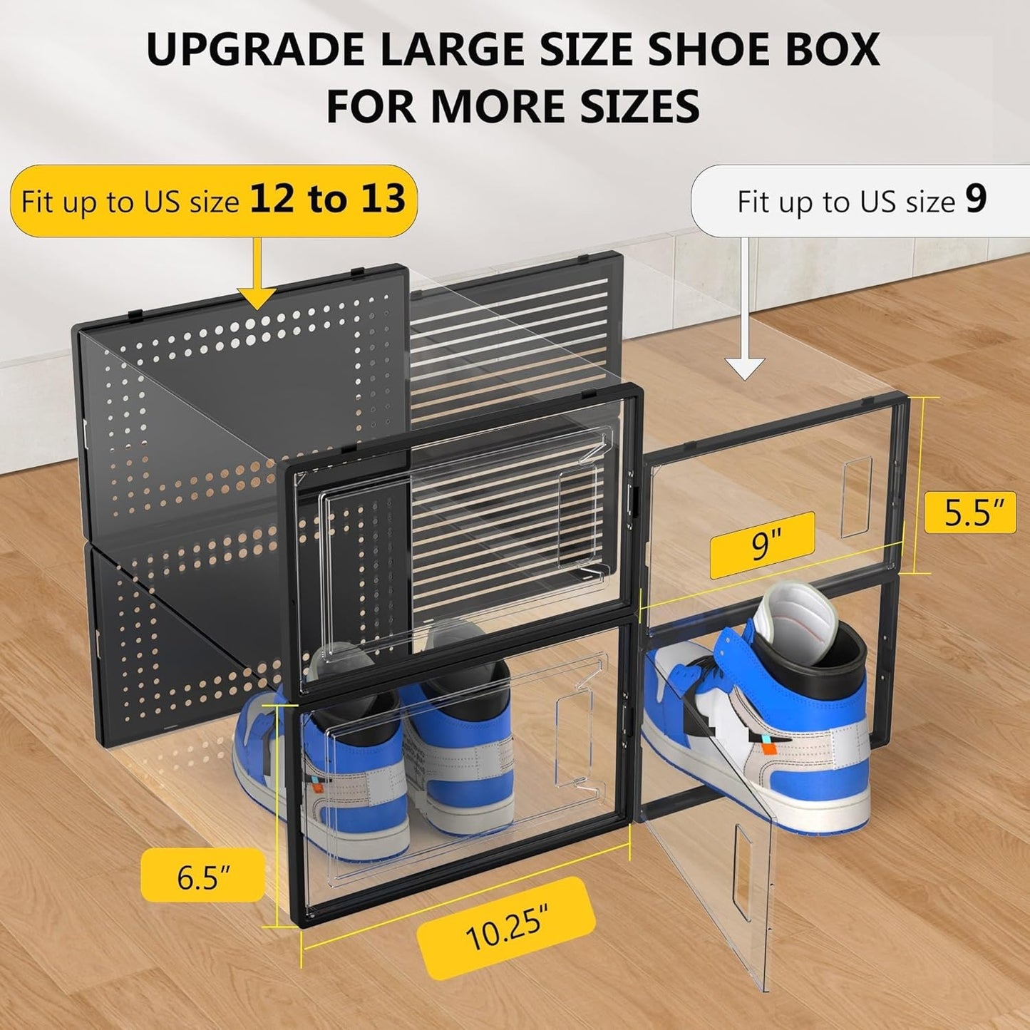 12 Pack XX Large Shoe Organizer Storage Boxes for Closet, Modular Space Saving Shoe Boxes Clear Plastic Stackable Sneaker Containers Display Case with Lids, Black