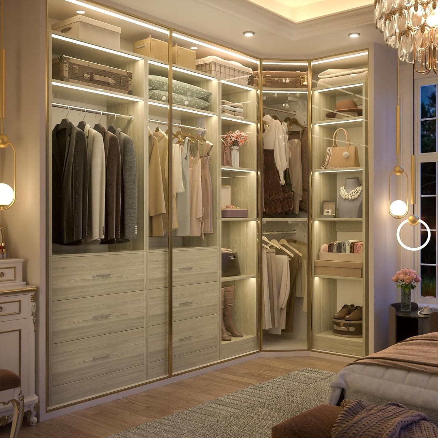 Corner Closet System with 6 Drawers, Closet Organizer System with 14 Shelves & 4 Hanging Rods, 87.2"L * 39.2"W / 63.2"L * 63.2"W Reversible L Shaped Walk-in Closets, Load 2500+LBS, White Oak