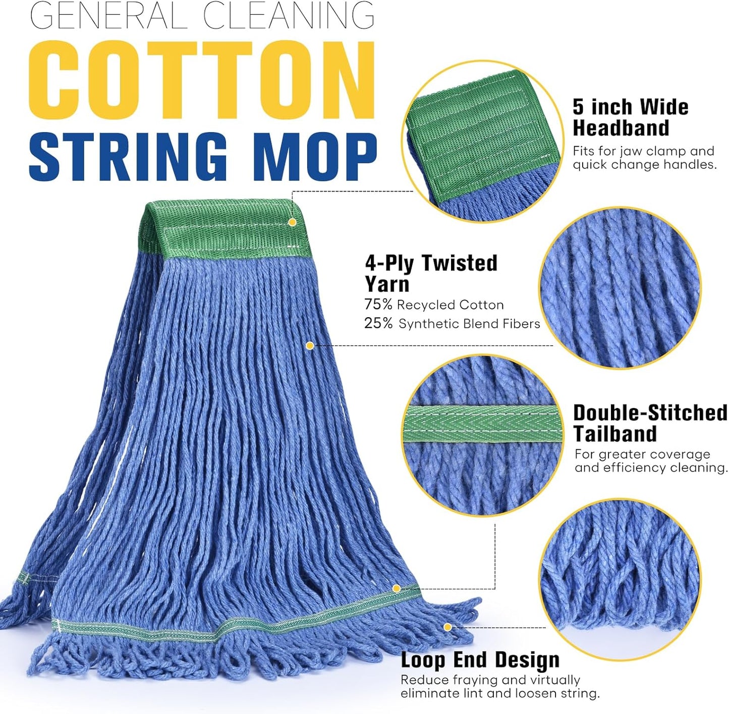 Matthew Cleaning Commercial Mop Head Replacement, 5 Inch Wide Headband, Looped End Cotton Blend String Wet Mops for Floor Cleaning, 28 oz Extra Large, 1-Pack Blue