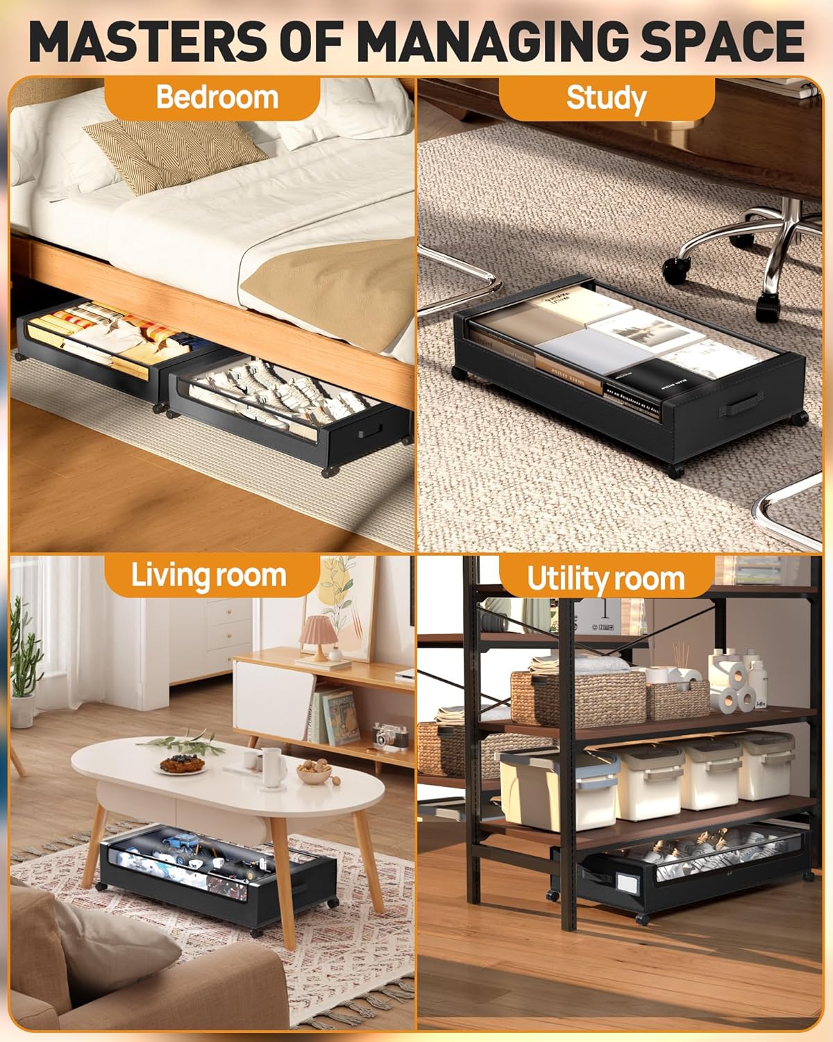 Under Bed Storage, Underbed Storage With Wheels, Under The Bed Storage for Clothes, Blankets, Shoes... (Black, 1 Pack)