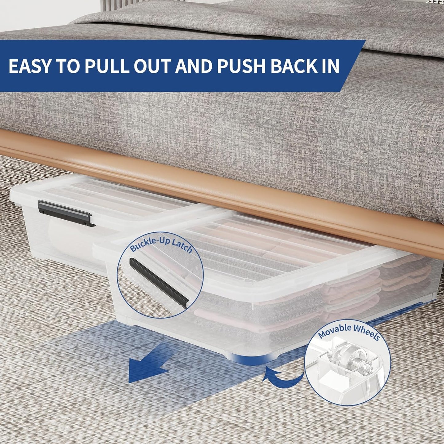 4Pack 40 Qt Plastic Under Bed Storage Organizer Bin Container with Secure Lids and Durable Wheels, Clear