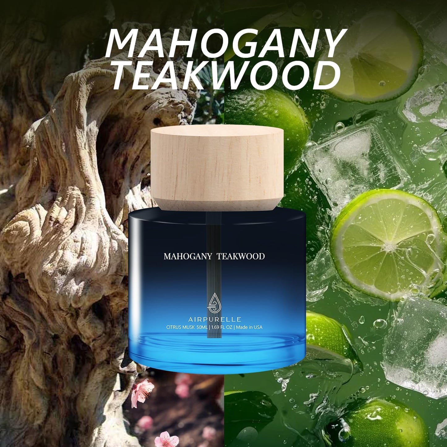 Car Air Freshener for Men & Women – Long-Lasting Mahogany Teakwood Essential Oil Diffuser for Car Cup Holder – 50ML (1.7 FL OZ) Car Scent Diffuser, Inspired by Perfume – Made in USA