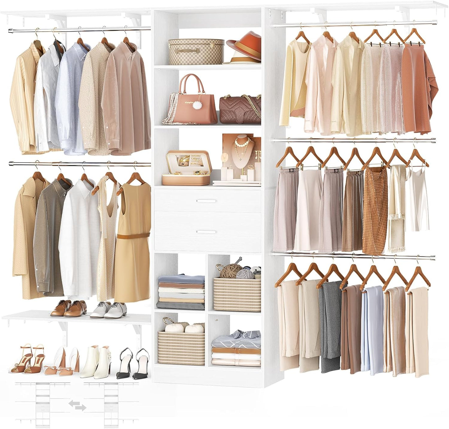 Closet System - 4.75-8FT Closet Organizer System with Wooden Drawers & Cube Storage Organizer, Up To 96" Closet Systems for Nursery & Walk-In Closets with Cuttable Hanging Shelving, White