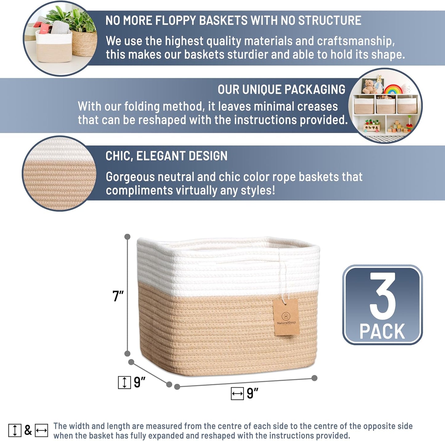 NaturalCozy Storage Cubes 9”x9”x7”Cotton Rope Woven Baskets for Organizing 3-Pack | 9 Inch Cube Storage Bin | Small Basket for Shelf Nursery, Pantry, Decorative Plant, Bathroom Closet, Toy Gift