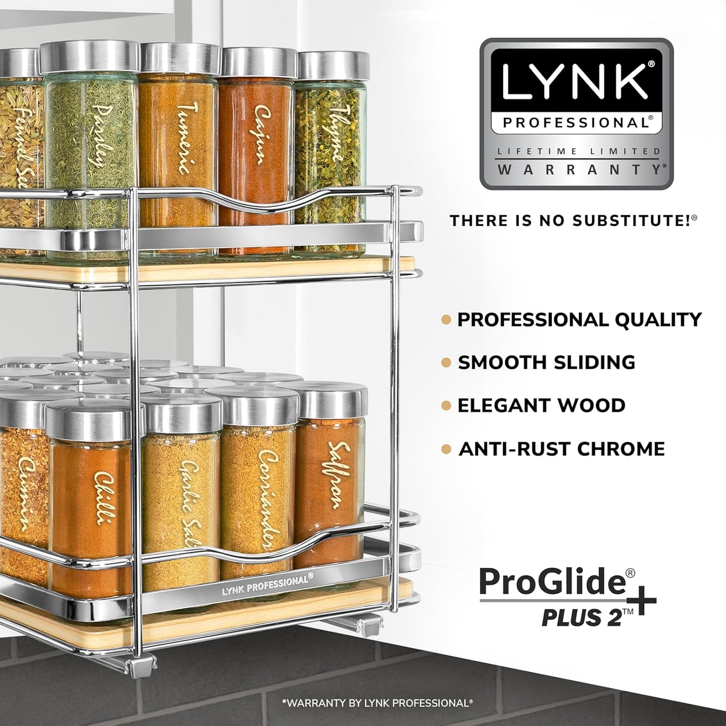 LYNK PROFESSIONAL® Élite™ Pull Out Spice Rack Organizer for Inside Kitchen Cabinets - 8-1/4 inch Wide - Slide Out Drawer – Wood/Chrome Sliding Spice Cabinet Organization Shelf Racks - 2 Tier