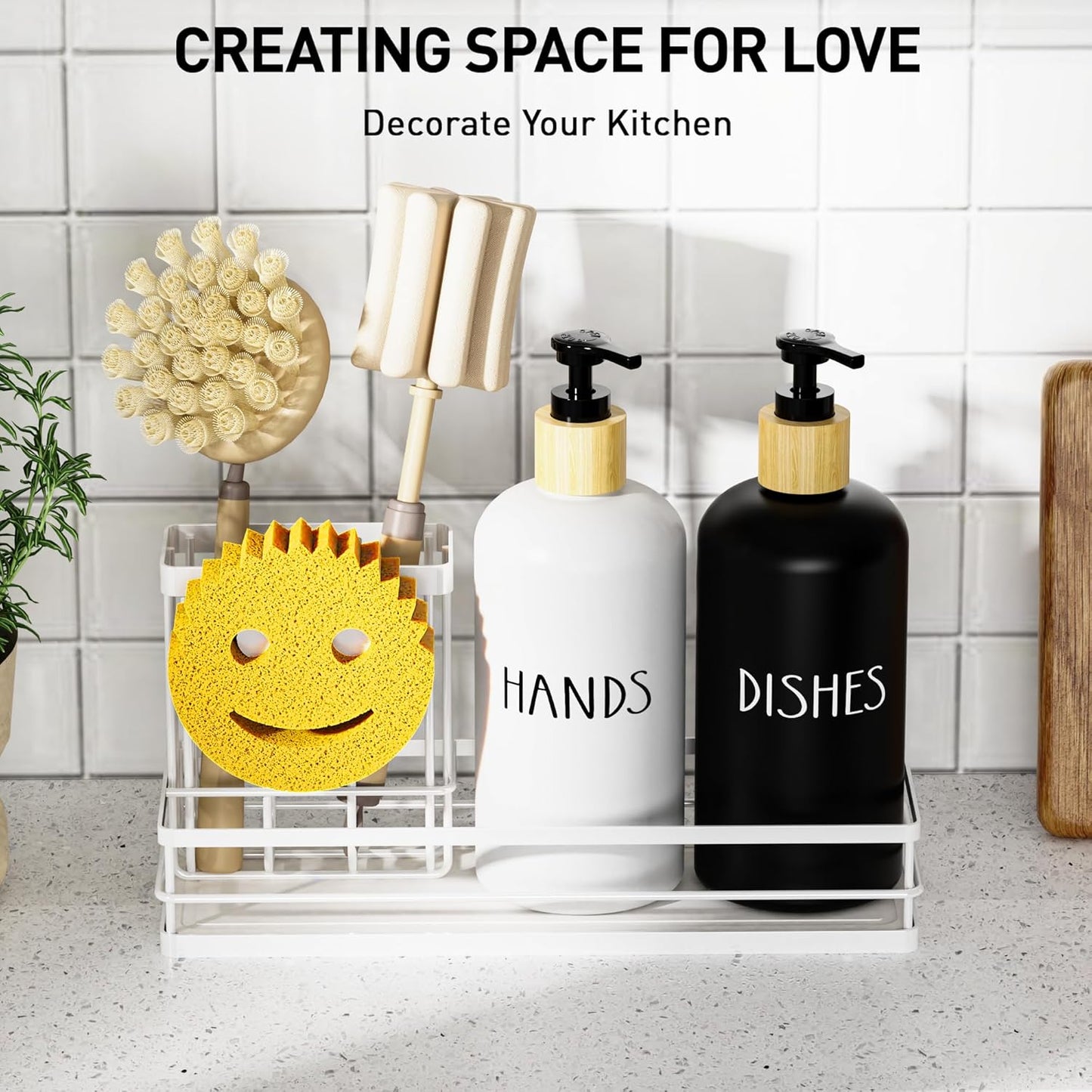 Moforoco Kitchen Dish Soap Dispenser Set, 16OZ Glass Bottle, Hand and Dish Soap Dispenser Set, Instant Dry Tray, Non-Slip Silicone Pad, Brush Holder with Smiley Face Sponge Holder, Kitchen Decor