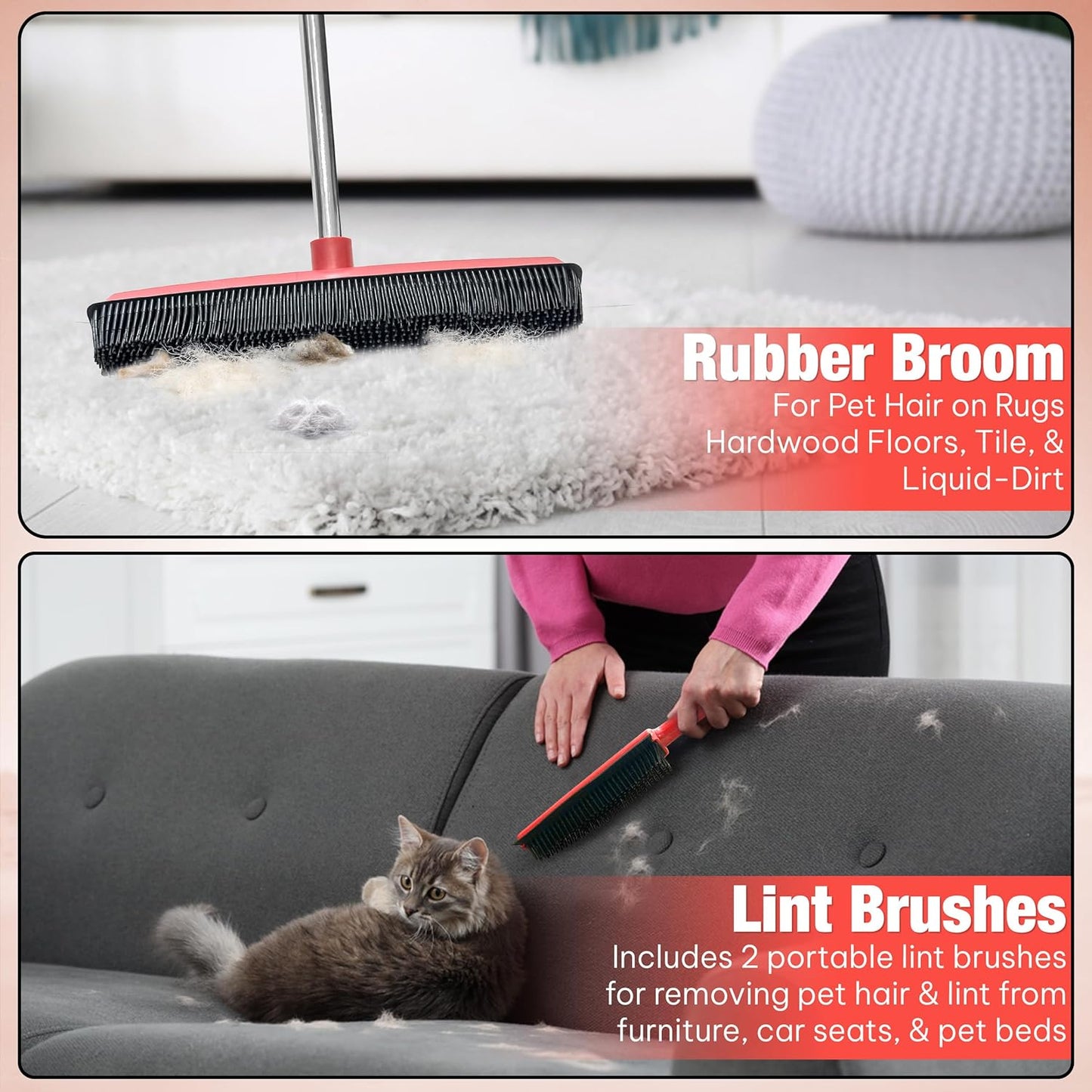 Hybrid Dog Pet Hair Removal Broom with Squeegee – Adjustable Handle Rubber Broom for Pet Hair on Carpet, Hardwood Floors, Tile, & Liquid-Dirt with 2 Portable Hair Brushes & Cloth