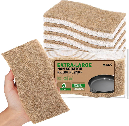 AIDEA XL Scrub Sponges Non-Scratch, 6Count, Large Natural Sponge for Non Stick Cookware, Sponges Kitchen, Cellulose Cleaning Sponge for Dishes, Kitchen, Bathroom, Household