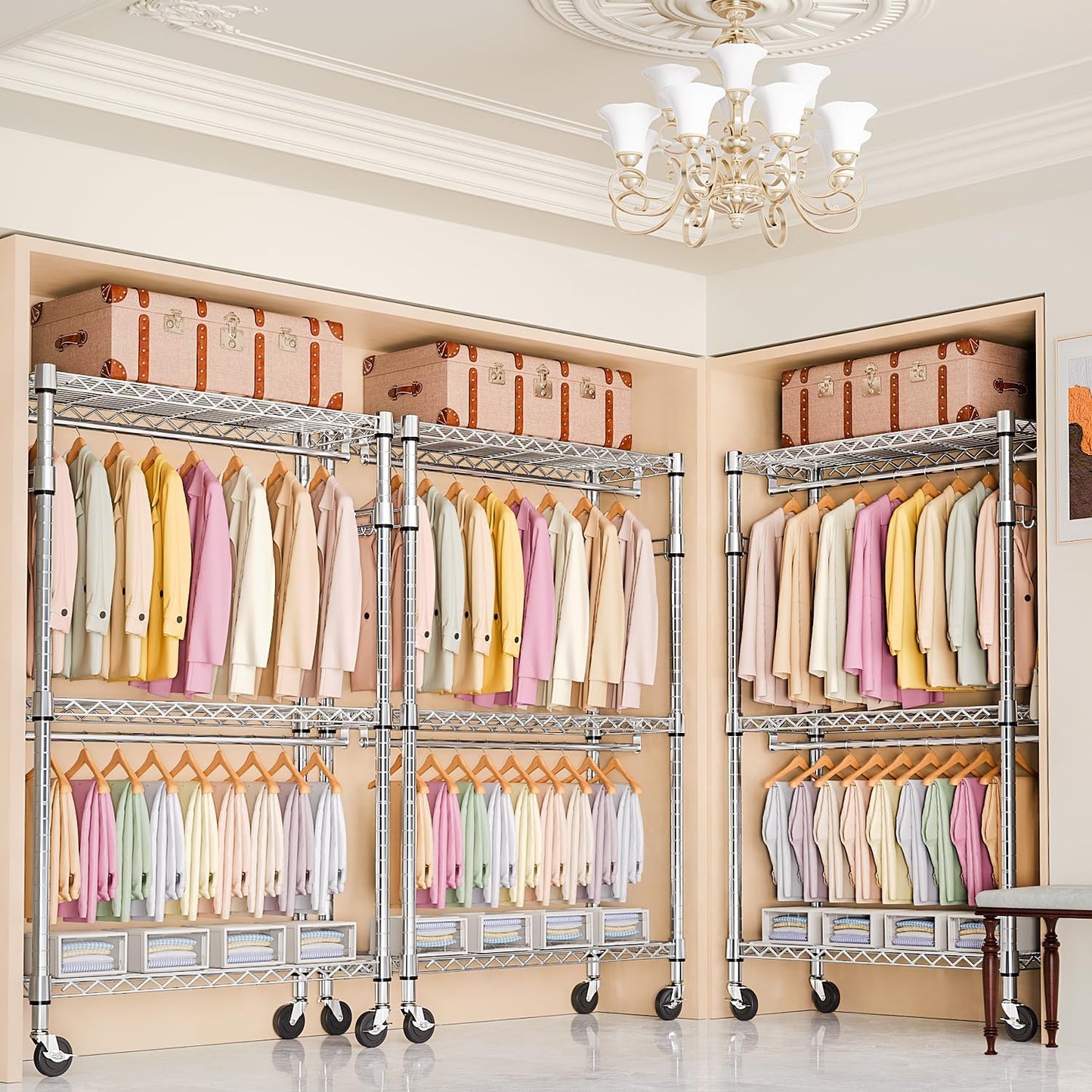 Heavy Duty Rolling Garment Rack 3 Tiers Adjustable Wire Shelving Clothes Rack with 2 Rods and Side Hooks, Storage Closet Clothing Rack with Wheels Chrome 17.7" D x 47.2" W x 83.6" H