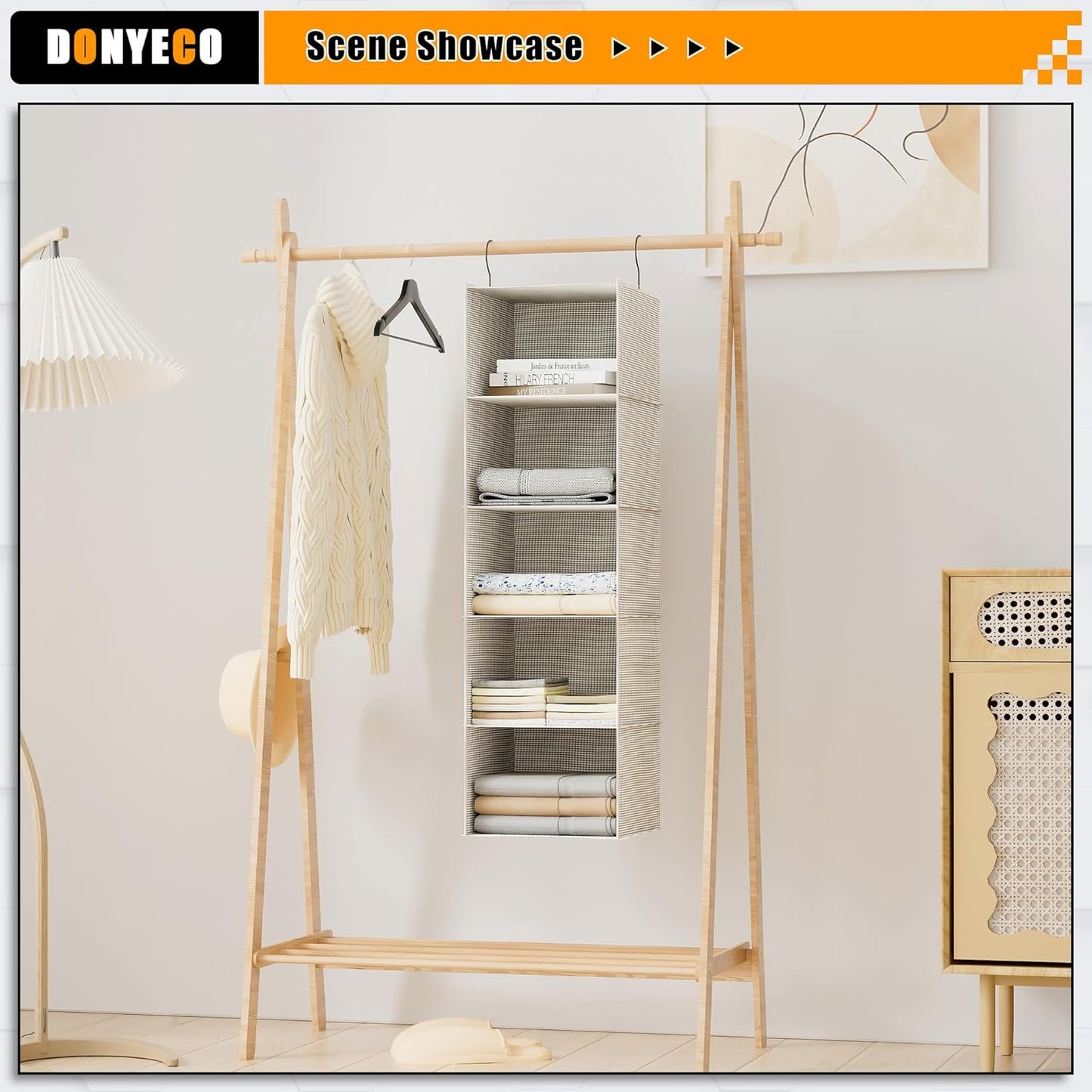 Hanging Closet Organizer, Easy Mount Foldable 5-Shelf Hanging Closet Wardrobe Storage Shelves, Clothes Handbag Shoes Accessories Storage, Imitation Linen Fabric, Beige Houndstooth