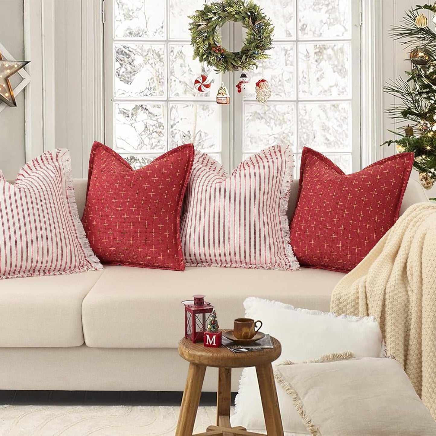 ZWJD Christmas Pillow Covers 16x16 Set of 2 Soft Polyester Textured Pillows with Stylish Flange Edge Cozy Farmhouse Christmas Decor for Couch Bed Sofa Living Room (Red)