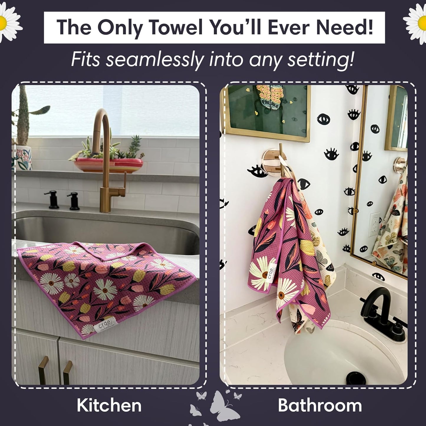 Microfiber Hand Towel & Washcloth Set of 2 - Double-Sided, Waffle Weave, Super Absorbent, Lint-Free, Fast Drying - Wings & Flower Farm Pattern for Bathroom, Kitchen, Car, and Window Cleaning