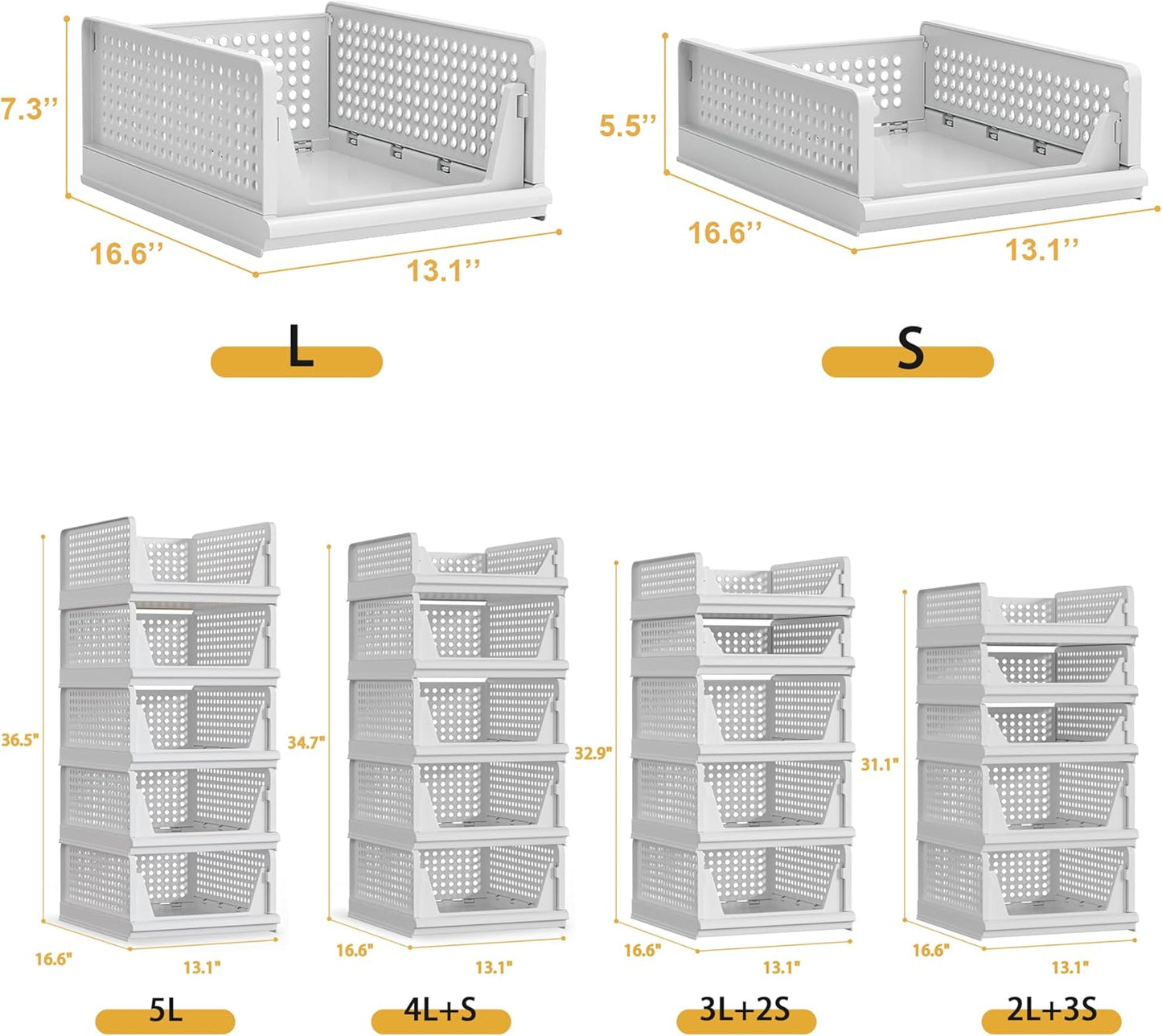 Proarea 5 Pack Stackable Plastic Storage Basket Closet Organizer Bin Foldable Clothes Organizer Storage Drawer Shelf Container for Living room Bathroom Kitchen Office (3L+2S)