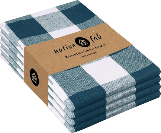 Native Fab 4-Pack Kitchen Towel with Hanging Loop 16x26 inches, Cotton Buffalo Check Kitchen Towels for Cleaning Drying, Washcloths Soft & Absorbent Cloth Rags, Bar Towel, Dish Cloth, Teal Green