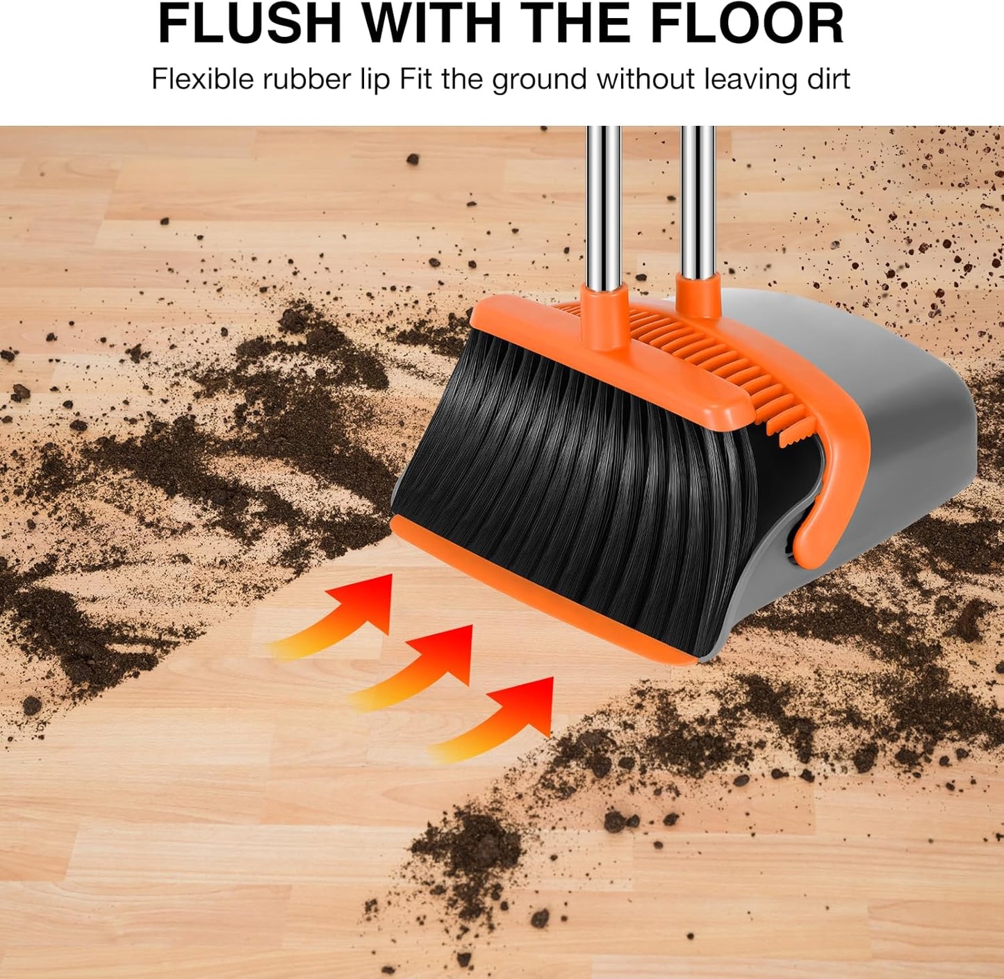 NACENA Broom and Dustpan Set, 52-in Long Adjustable Handle Broom Dustpan Combo with Dustpan Teeth to Automatically Clean Hair Suitable for Home Kitchen Office Hall Floor (Grey&Orange), 2 Pack