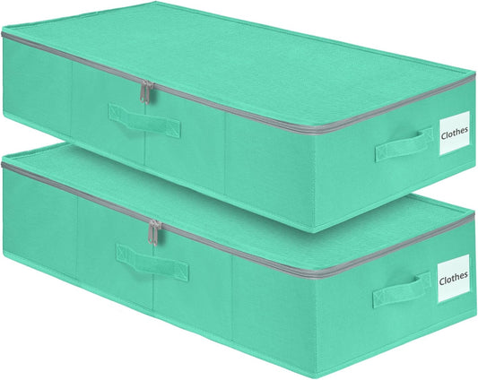 punemi 2-Pack Under Bed Storage Containers, 6.7 Inches Tall Underbed Clothes Storage Organizer Bin with Sturdy Sidewalls/Bottom, Underbed Storage Bins 2 Storage Thin Bins with Handles, Teal Blue